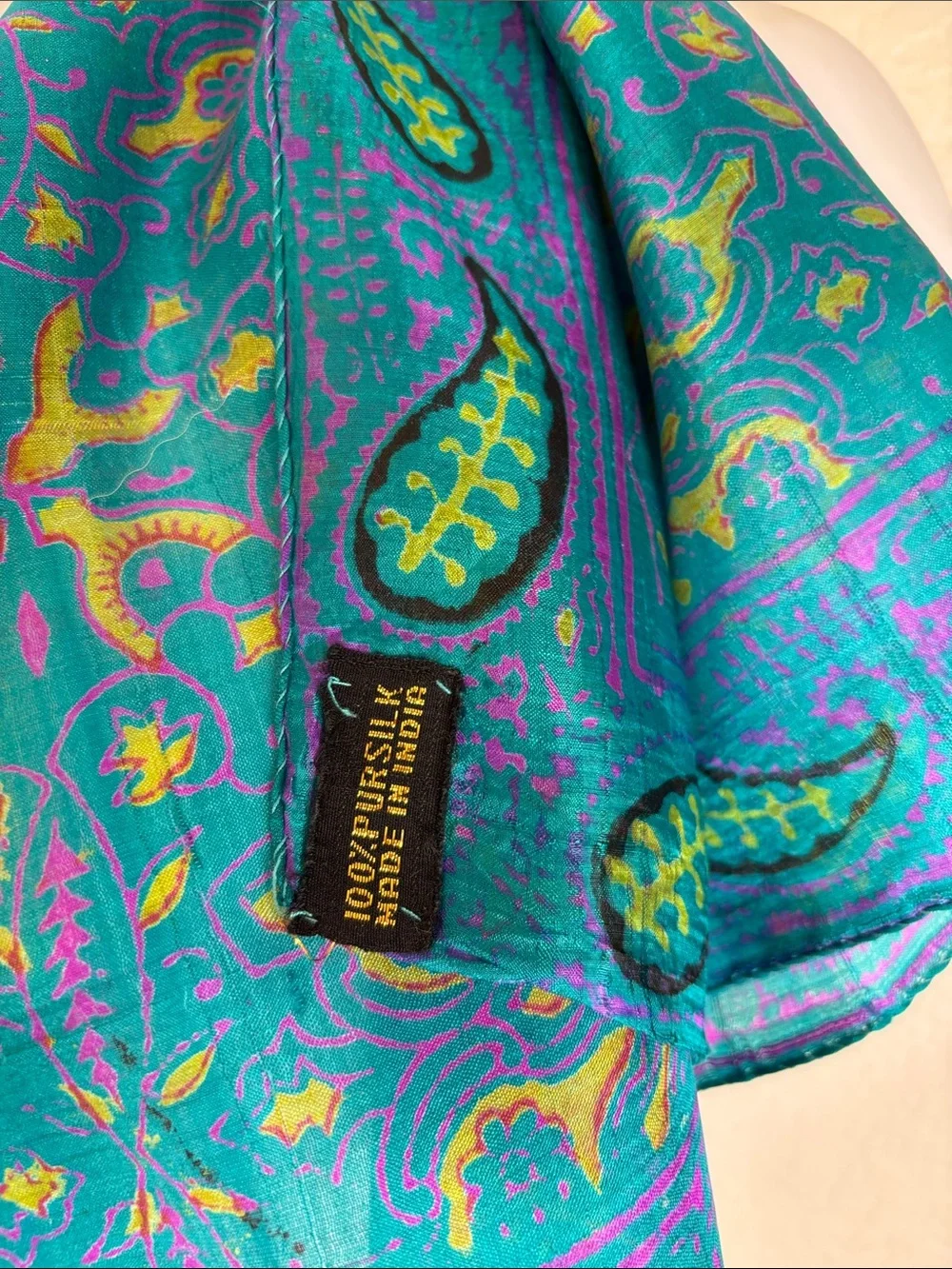 Vibrant 100% Pure Silk Teal Paisley Silk Scarf Yellow & Pink Accents -India